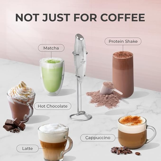 Zulay Kitchen Powerful Milk Frother Wand With Duracell Batteries - Ultra Fast Handheld Drink Mixer - Electric Whisk Foam Maker for Coffee, Lattes, Cappuccino & Matcha - Z1 Motor - Marble
