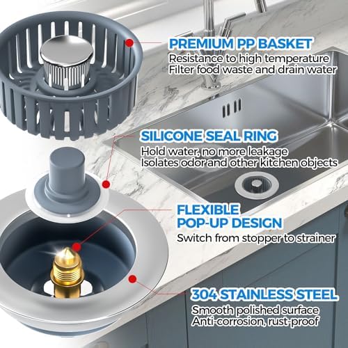 3 in 1 Kitchen Sink Stopper Strainer Basket Pop-Up Removable 2 Pack
