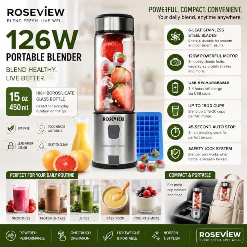 Portable Smoothie Blender ROSEVIEW Glass Cordless Mini Shakes Cup blend for smoothies USB rechargeable juicer 2 battery Handheld Personal travel Jet mixer (Black Steel) - Image 2