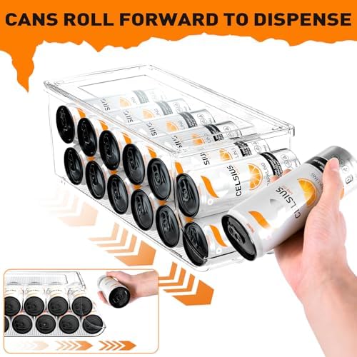 2 Pack Skinny Can Organizer for Refrigerator, Stackable Tall Skinny Soda Pop Can Holder Dispenser with Lid for Fridge Pantry Rack Freezer, Clear Plastic Storage Bins-Holds 12 Slim Cans Each