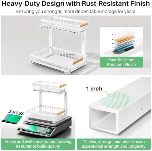 Under Sink Organizer, 2 Tier Under the Sink Storage, Slide out Pull out Cabinet Organizer Shelf, Metal Sliding Drawer for Kitchen Bathroom Pantry Closet Organization Rack, White, 2 Pack
