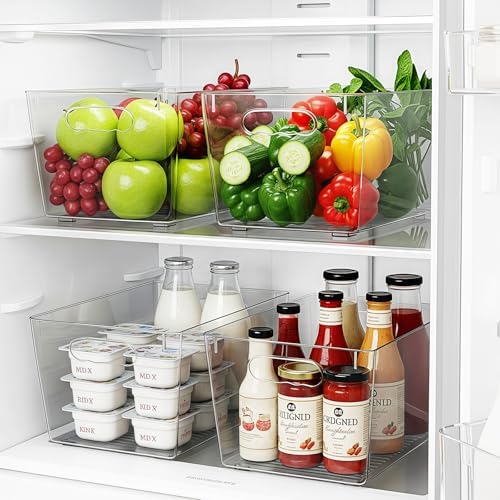Clear Fridge Organizer Bins with Handles, 4 Pack Large 11.5×7.5×6 Inch