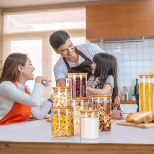 Glass Food Storage Jars, 7 Pack Kitchen Containers with Airtight Bamboo Wooden Lids for Pasta, Cookies, Nuts, Coffee Beans, Cereal, Canisters Set for Flour, Pantry Organization, BPA Free