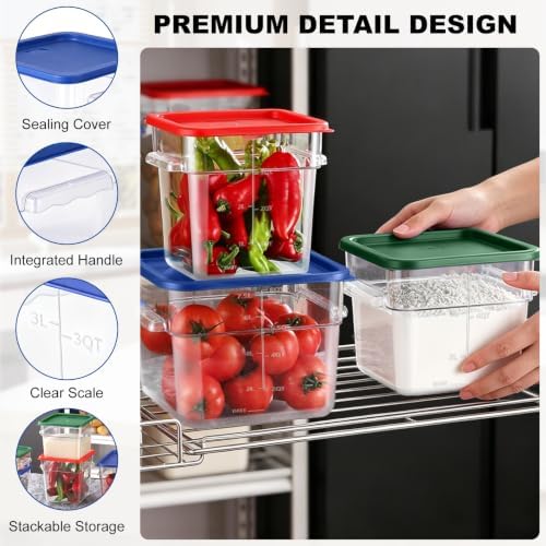 4Pack - 4QT Food Storage Containers with Lids & Handles, Polycarbonate Clear Airtight Food Container with Scale Marks for Bread Proofing, Flour, Commercial Grade, Restaurant & Kitchen, Square, Green
