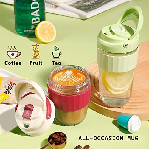 Leak-proof Glass Coffee Mug with Lid Lock, 17 oz Reusable Coffee Cup with Handle, BPA-free, Microwave and Dishwasher Safe (Milk Chocolate)