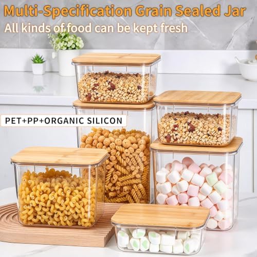 Five grain and miscellaneous grain food sealed jar, coffee bean storage jar, square transparent bamboo lid molded material storage jar, storage container (Set of 5)