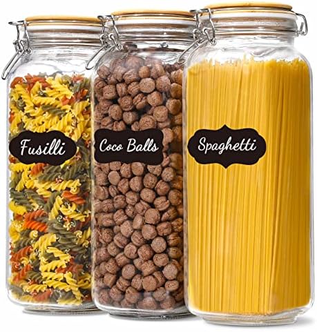 [ Taller ] 92oz Glass Jars with Airtight Lid, Large Glass Food Storage Jars, 3 Pack Wide Mouth Airtight Glass Jars for Kitchen Pantry Spaghetti, Square Mason Jars with Labels