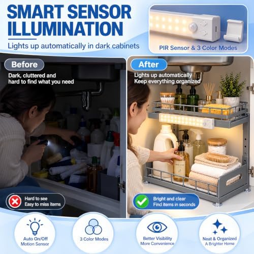 Under Sink Organizer with Motion Sensor LED, Pull-Out Home Organizers