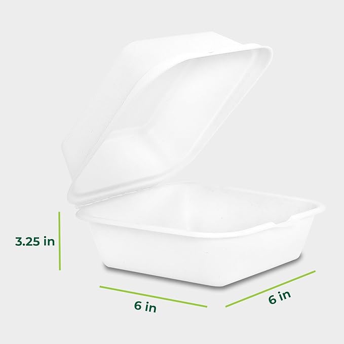 Freshware Clamshell Food Containers with Lids [6x6" 100-Pack] Disposable To Go Containers, Biodegradable Sugarcane To Go Boxes - Paper Container - Microwave & Freezer Safe, Stackable