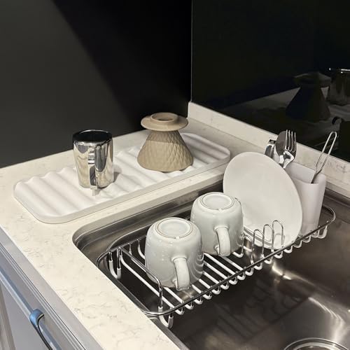 304 Stainless Steel NeverRust Compact Dish Drying Rack with Utensil Holder & Removable Drain Tray, Rustproof Small Dish Rack for Kitchen Countertop or Over Sink (Metallic Silver, Compact)