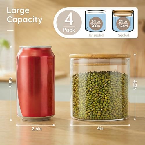 21 oz Glass Jars with Bamboo Lids, Airtight Food Storage Containers, 4 Pack