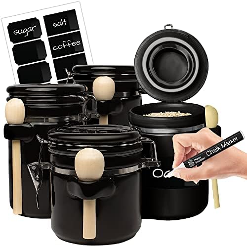 4-Piece Ceramic Kitchen Canisters Set, Airtight Containers with Wooden Spoons Reusable Chalk Labels and Marker for Sugar, Coffee, Flour, Tea (Black)