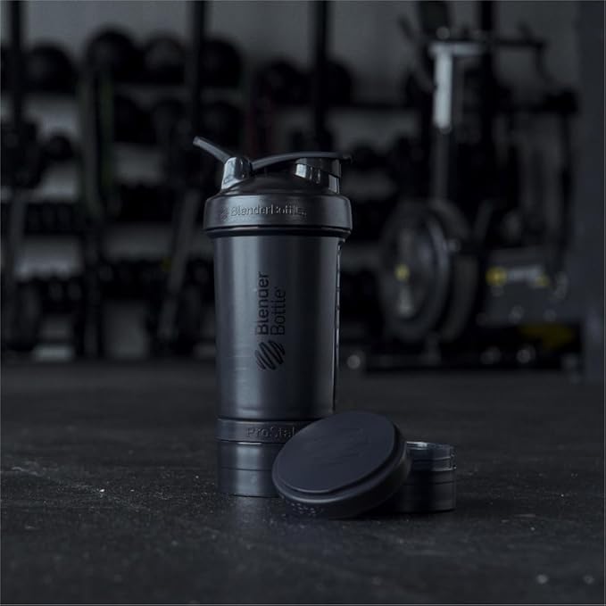 BlenderBottle Shaker Bottle with Pill Organizer and Storage for Protein Powder, Classic V2 ProStak System, 22-Ounce, Midnight Black
