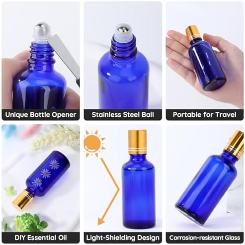 Segbeauty 1.7oz Thick Glass Refillable Roller Ball Applicator for Oil, 5pcs Blue Perfume Roller Bottles for Essential Oils, 50ml Empty Roll On Bottle for Eye Essence, Glass Perfume Rollerball Bottles - Image 2