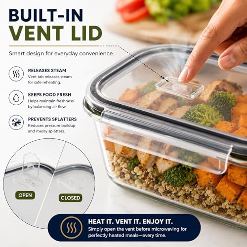 Glass Meal Prep Containers, Airtight Lids (4 Rectangular Vented Lid)