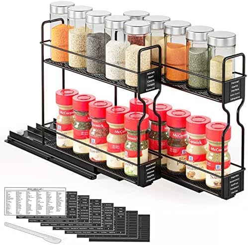 Pull Out Spice Rack Organizer for Cabinet, Heavy Duty Slide Out Seasoning Kitchen Organizer, Cabinet Organizer, with Labels, 5.2" W x10.75 D x10 H, 2 Drawers 2-Tier