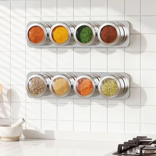 Set of 8 Magnetic Spice Tins with 2 Metal Wall-Plates,120 Preprinted Seasoning Label Stickers,2 Styles for 3 oz Herb Jars