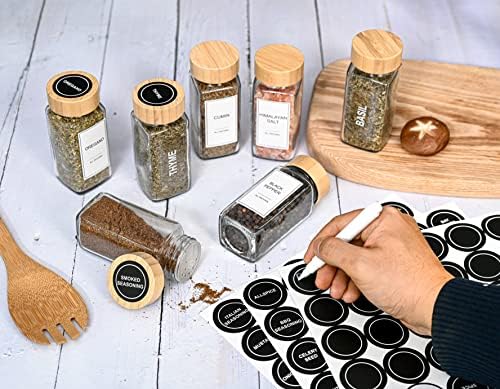 Glass Spice Jars with Label Set, Bamboo Lids & Funnel - Kitchen Airtight Storage Jars with Lids - Spices and Seasonings Sets Organizer, Spice Glass Jar with Lid Food Canister Bottle Sugar Shaker