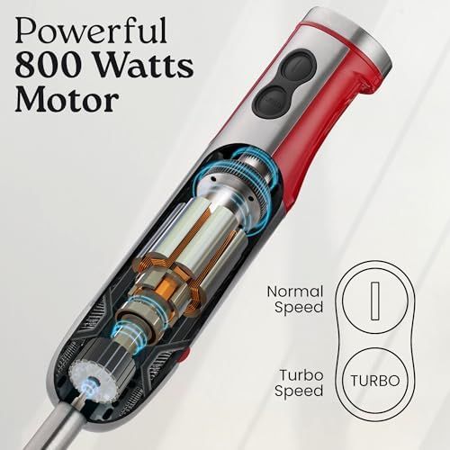 4-in-1 Immersion Blender 800W Hand Blender Set with Whisk, Milk Frother & 600ml Cup, 12-Speed Stick Blender with Turbo Mode for Soups, Smoothies, Sauces, Purees & Baby Food (Red)