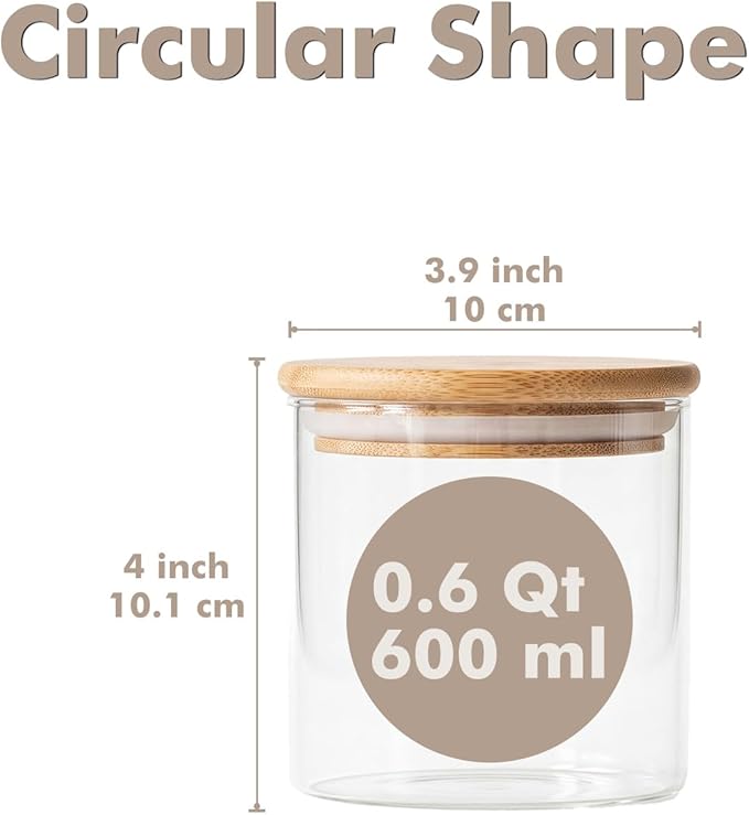 6-Pack 0.6Qt Small Round Glass Storage Jars with Bamboo Lids, Pantry Storage Containers for Neat Organization, Ideal for Minimalist Kitchen Organizer, Nut, Coffee Beans, Cookie, Candy, Tea