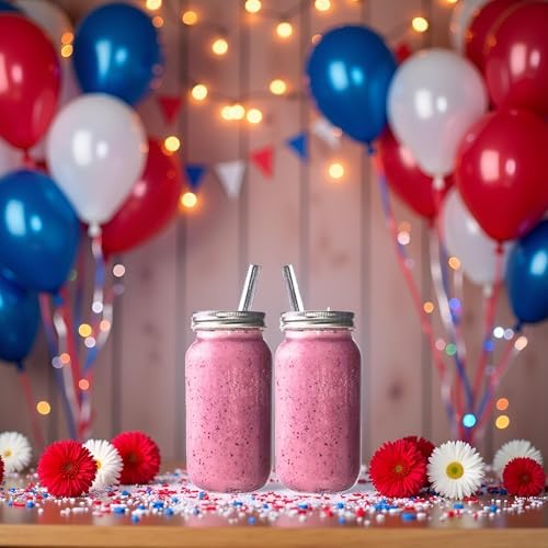 Reusable Freezer Safe Smoothie Cups with Lids and Straws - Mason Drinking Jar (2- 24oz)