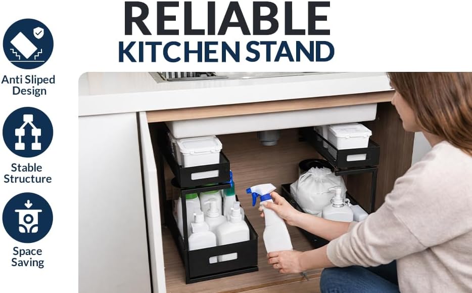 Under Sink Organizer Set of 2, Heavy Duty Matte Black Metal Cabinet Organizer with Retractable Shelves, Adjustable Height, Expandable Storage for Kitchen Bathroom and Laundry Room