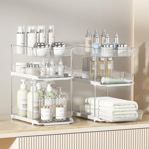 2 Sets of 3-Tier Bathroom Under Sink Organizers and Storage, Multi-Purpose Stackable Pantry Organization and Storage, Pull Out Clear Kitchen Bathroom Cabinet Organizer with Movable Dividers