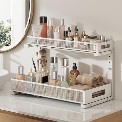 2 Pack 19IN Depth Under Sink Storage Organizer, Large 2-Tier Elegant Mesh Pull Out Shelf for Kitchen and Bathroom Cabinet Organization, L-Shaped and Adjustable Height Design-White