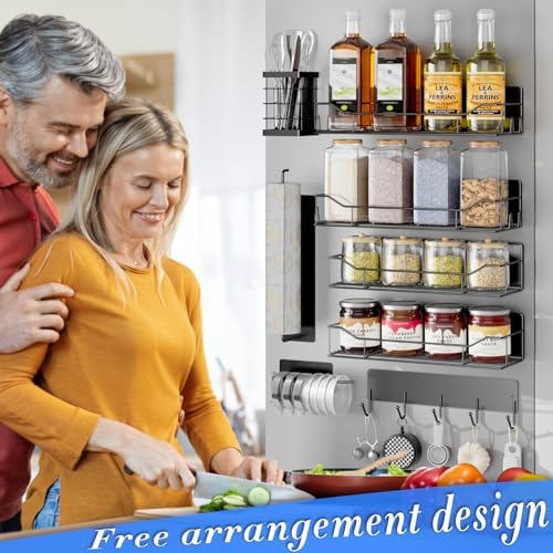 Magnetic Spice Rack for Refrigerator,8 Pack Magnetic Fridge Shelf, Moveable Spice Organizer with Hook Rack, Paper Towel Holder, Utensil Holder,cup lid holder, Super Magnetic Rack Set (Black)