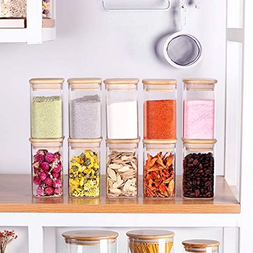 10 Pcs Glass Spice Jars - 8oz Empty Square Spice Storage Containers With Bamboo Airtight Lid and Labels - Thicken Small Glass canister for Kitchen Seasoning,Coffee Bean,Tea,Suger,Herbs