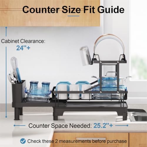 Large Expandable 2 Tier Dish Drying Rack for Kitchen Counter, Black