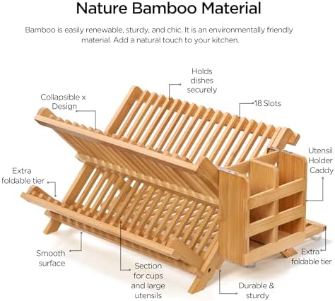 Bamboo 3 Tier Dish Drying Rack with Utensil Holder