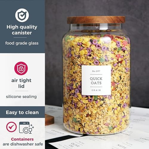 Set of 2 Large Glass Flour and Sugar Containers with 132 Pantry Labels - Glass Food Storage Jars with Airtight Bamboo Lid for Flour Pasta Candy Coffee Cookie and More(1 Gallon/4000 ml)