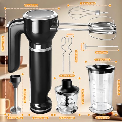 Handmixer Electric Handheld, 6-in-1 Multifunctional Handheld Immersion Blender Bundle and Whisk, Milk Frother, Food Chopper