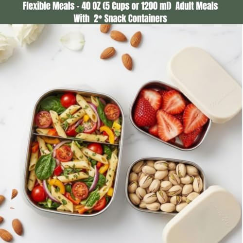 Flexibento Stainless steel Lunch Box Container Set, bento Box set (Vanilla, Medium set Of Three: 40 OZ + 2 * 9 OZ)