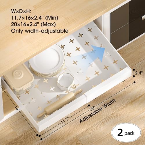 16" Deep Pull Out Cabinet Organizer with 6 Dividers, Expandable (11.7 "-20" W) Pull Out Drawers for Cabinets, Cabinet Trays Pull Out for Cabinets in Kitchen, Pantry or Bathroom, White, 2 Pack