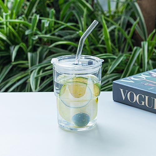 13oz/400ml Tumbler Water Glass, Cups with Straw and Lid Sealed Carry on for Coffee, Iced Tea, Thick Wall Insulated Glass Cup (white,2pack)
