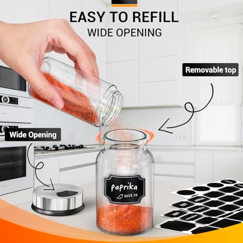 Spice Jars with Labels, 6 Pack 5oz Glass Spice Containers with Lids, Empty Clear Salt Shakers for Kitchen Condiment Storage, Spice Bottles Set with 136 Stickers, 1 Marker Pen and 1 Brush