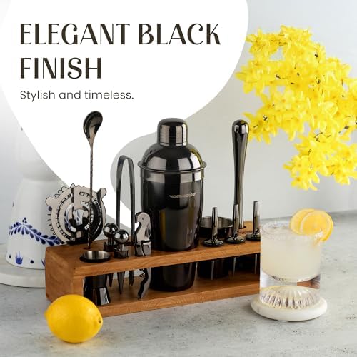 Pro-Graded Cocktail Shaker Set with Stand | Complete Bartender Kit | 24oz Martini Shaker, Jigger, Strainer, Bar Spoon, Tongs, Opener, Muddler, Home Bar Essentials