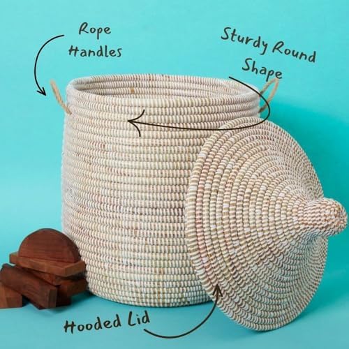 Small White Basket with Lid, African Woven Wicker Basket, Handwoven in Senegal, 12" W x 14" H