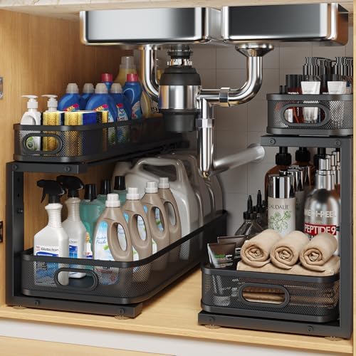2 Pack 21.3IN-Depth Under Sink Organizer with Smooth Cylindrical Rail,2-Tier Pull Out Multi-Purpose Cabinet Storage for Bathroom&Kitchen,Height Adjustable,Rust-Resistant Coating-Black