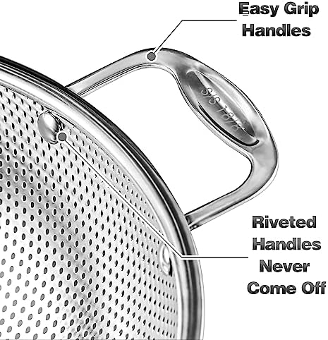 Large 6-Qt Colander, 18/8 Stainless Steel Mesh Strainer for Kitchen, Food Sieve with Riveted Handles and Self-draining Solid Ring Base, Great for Pasta, Rice, Vegetables and Fruits