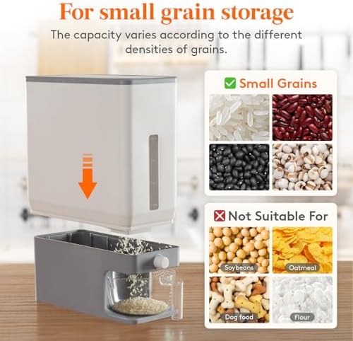 Rice Container 25 Lbs, One-Press Dispenser with Measuring Cup