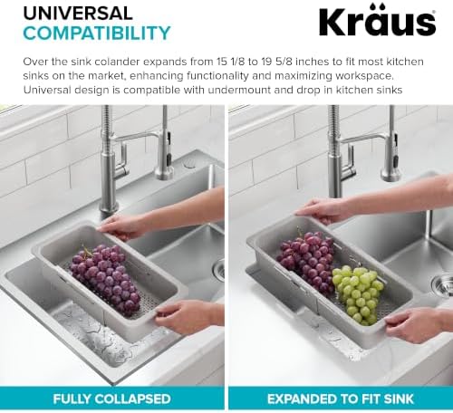 KRAUS Expandable Colander for Kitchen Sink/Over the Sink Colander, Lt Grey