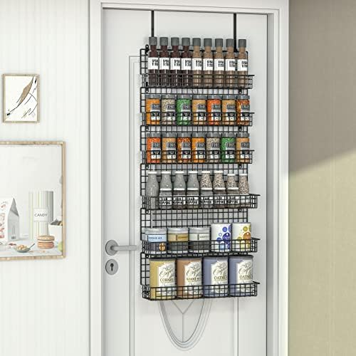 6-Tier Spice Rack Organizer with Door Hook, Wall Mounted & Over the Door Spice Racks for Kitchen Pantry Door Cabinet, Two Size, Large Capacity, Black