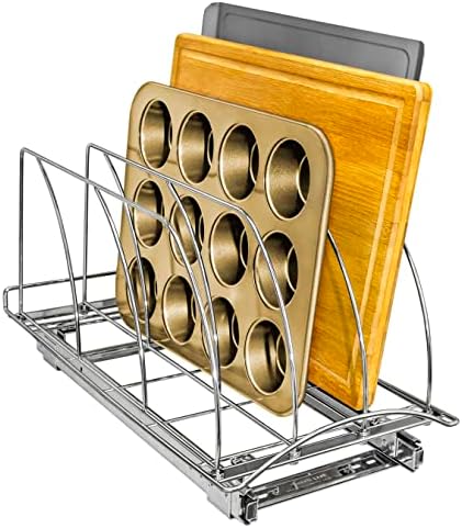 Pull Out Cookie Sheet Organizer for Cabinet – Baking Sheet Organizer – Sheet Pan Organizer - Lifetime Ltd. Warranty – 10” x 21” Deep Inside Cabinet, Chrome