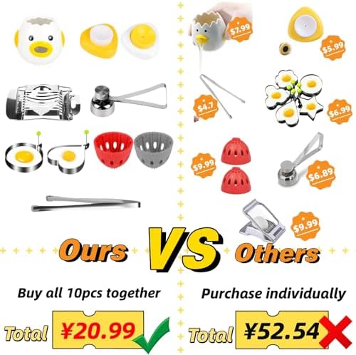 10-in-1 Egg Tool Set:1 Chalaza Remover Tongs,2 Piercers,2 Fry Rings,2 Brush Cleaners,1 Shell Opener,1 Egg Separator,1 Egg Slicer -All Essential Egg Prep Gadgets for Perfect Cooking