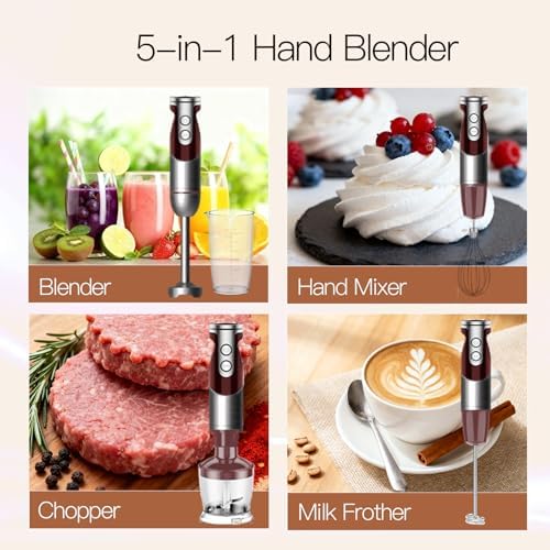 3-in-1 Hand Blender Set with Variable Speed Control, 400W Immersion Blender - Includes Whisk, Milk Frother, Chopper, and Beaker for Smoothies, Soups, and Baby Food (RED)