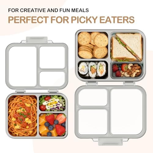 Stainless Steel Bento Lunch Box for Kids Adults, 3 Compartments Metal Bento Box with Transparent Lid & Silicone Container for Kids,Dishwasher-Safe,School & Travel,BPA-Free(Grey)