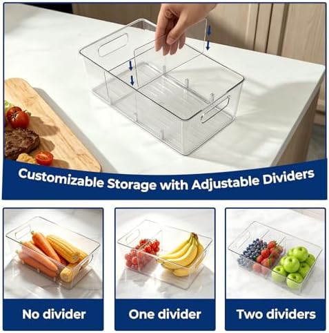 6 Pack Pantry Organizers and Storage, Food Storage Containers with 3 Removable Divider for Kitchen, Fridge, Cabinet Organization, Clear Plastic Storage Bins for Snacks, Spice Packets, Packets, Pouches